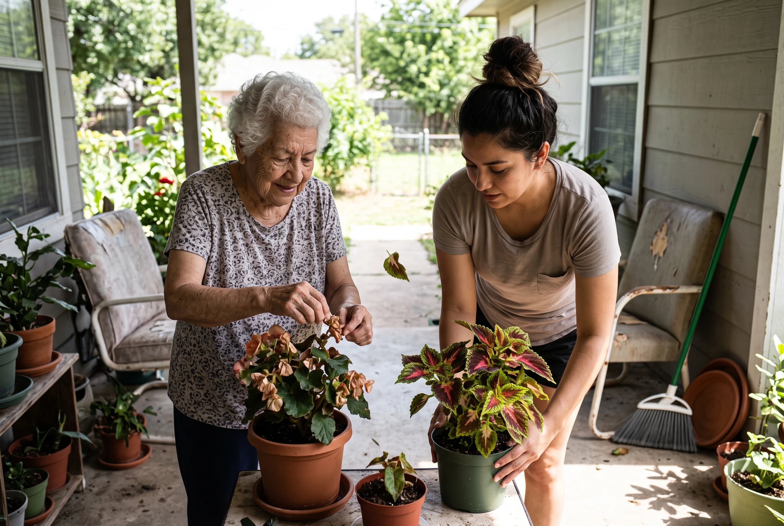 Older woman tends begonias and coleus on a shaded porch.
