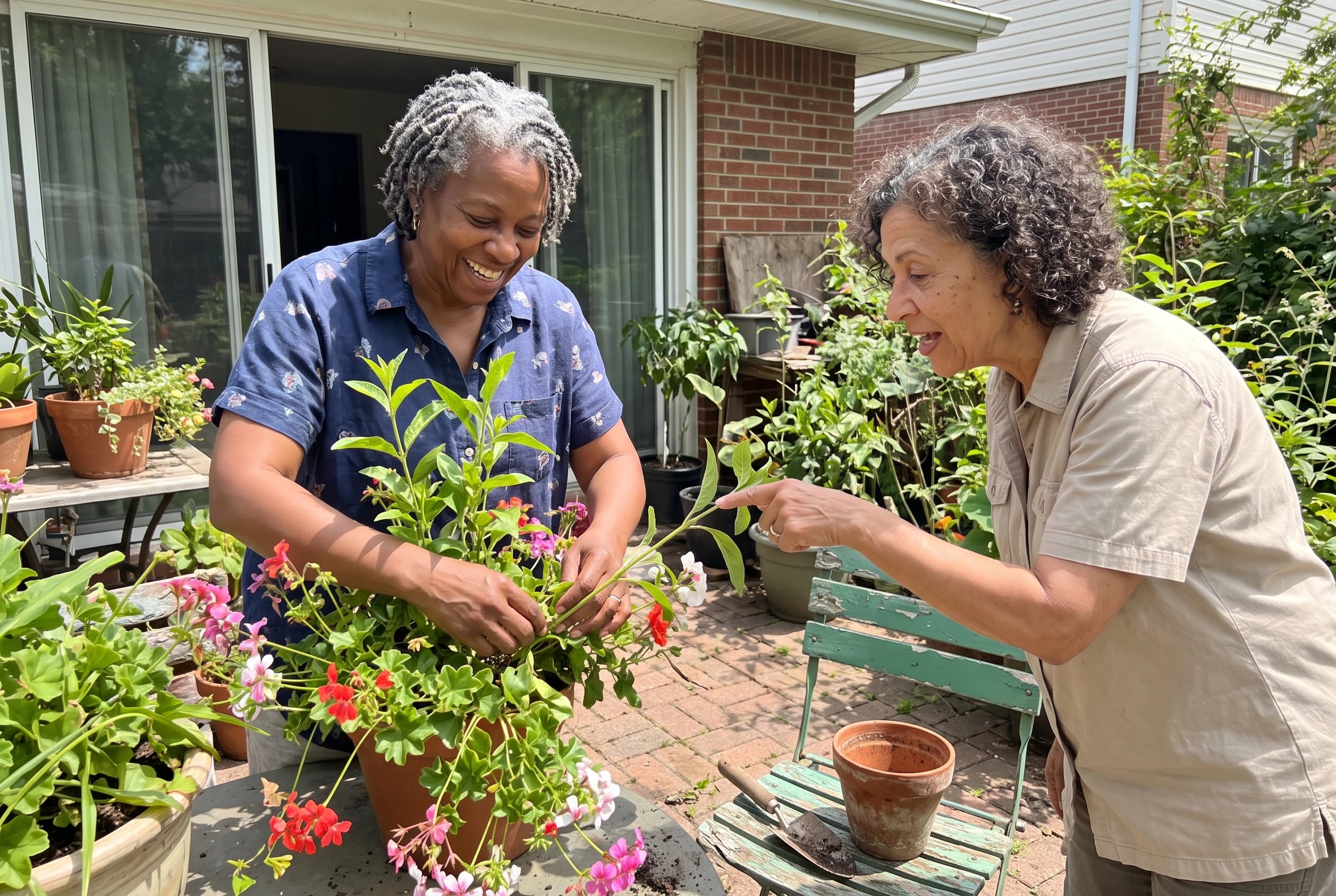 Older woman arranges upright and trailing flowers in a pot on her patio.