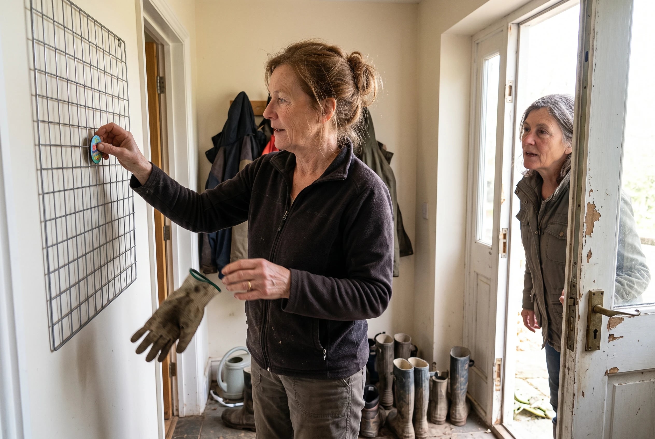 Older woman marks a feeding date on a wall calendar in her mudroom.