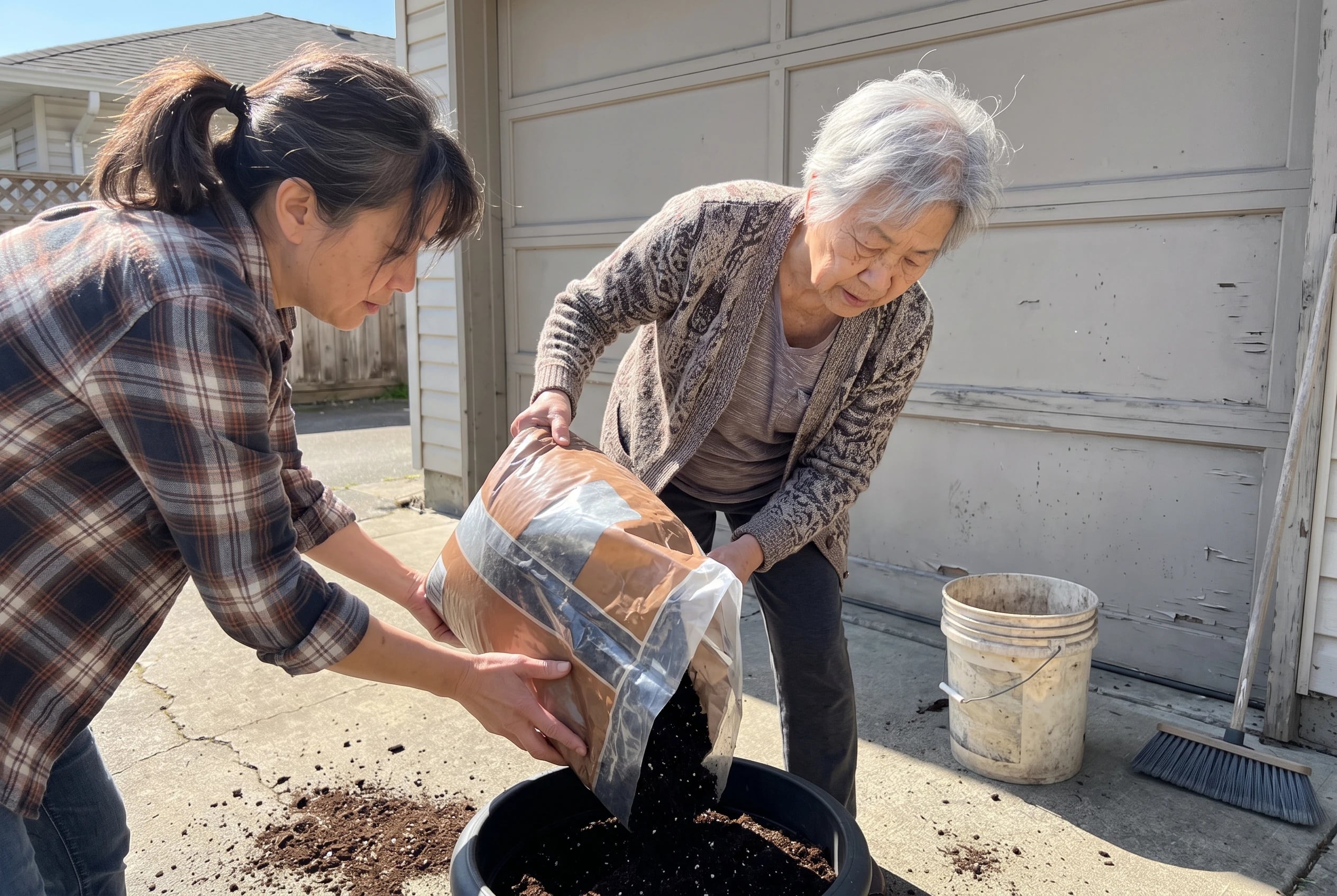 Older woman pours potting mix into a planter beside her garage.