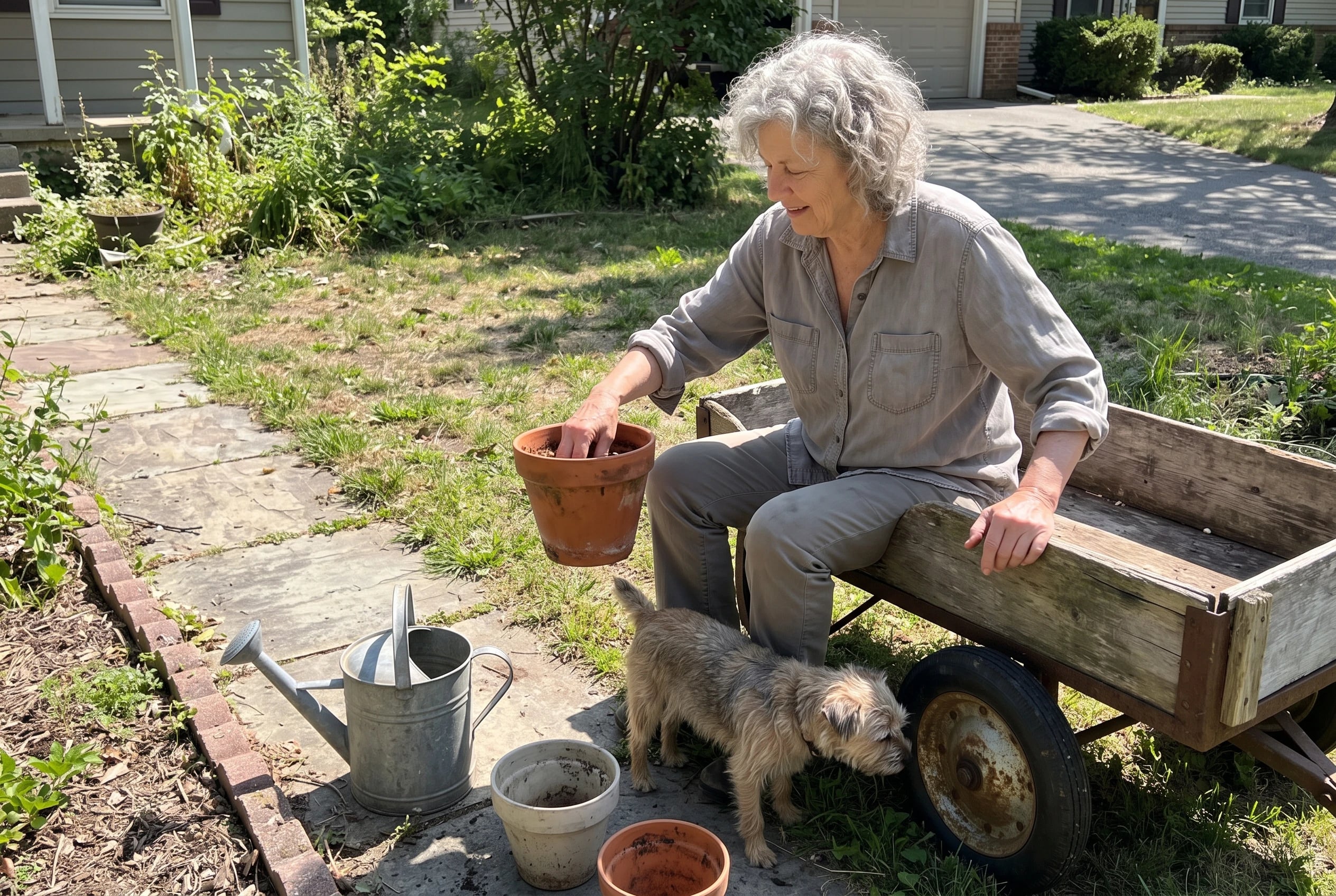 Older woman sits on a wagon seat while tending flowers beside her walkway.