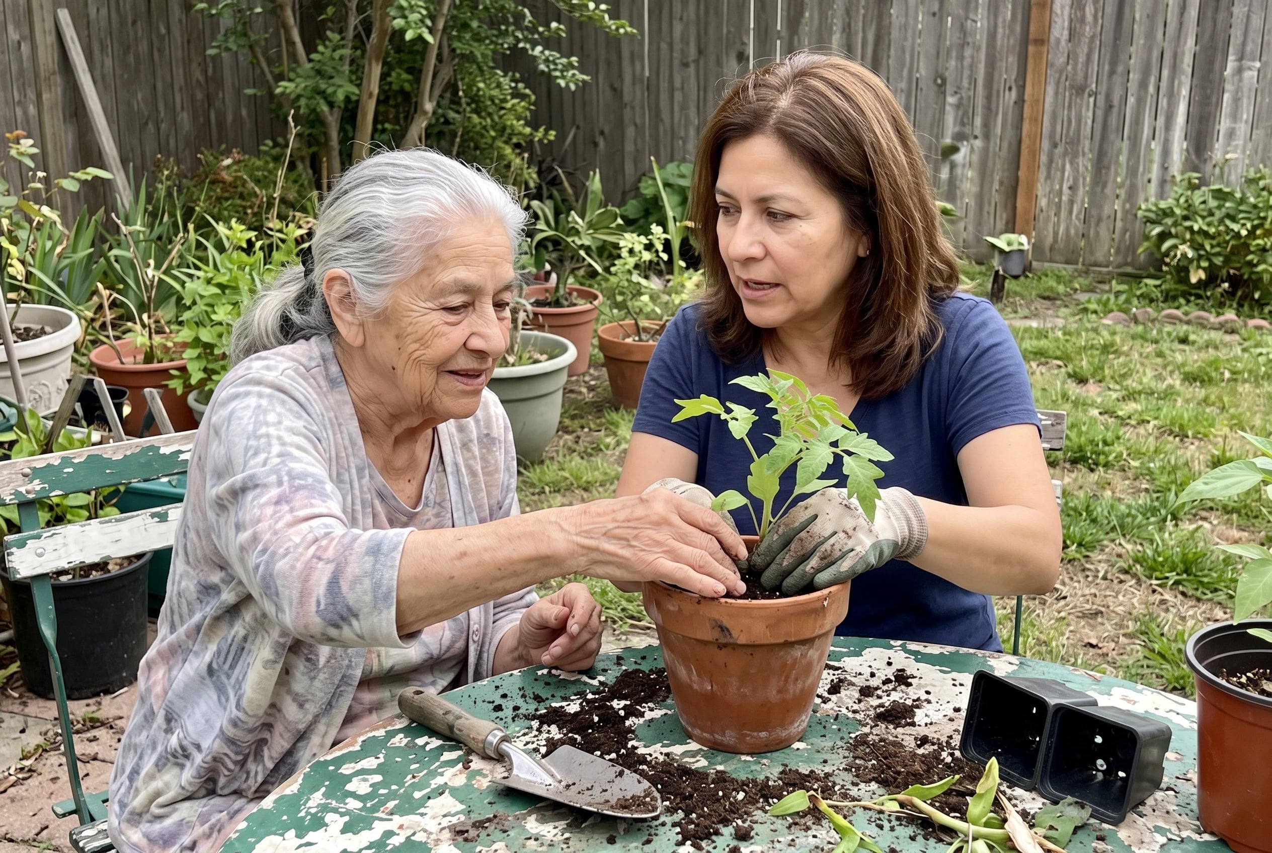 Older woman plants a seedling at a garden table in her backyard.
