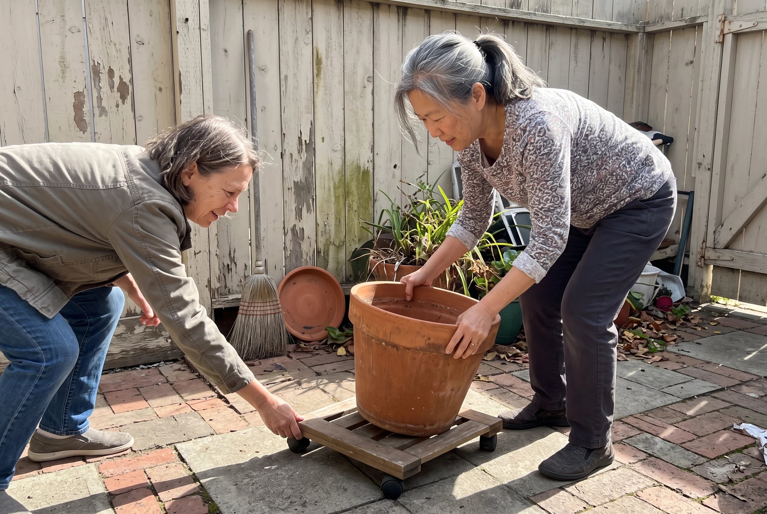 Older woman slides an empty planter onto a wheeled caddy in her courtyard.