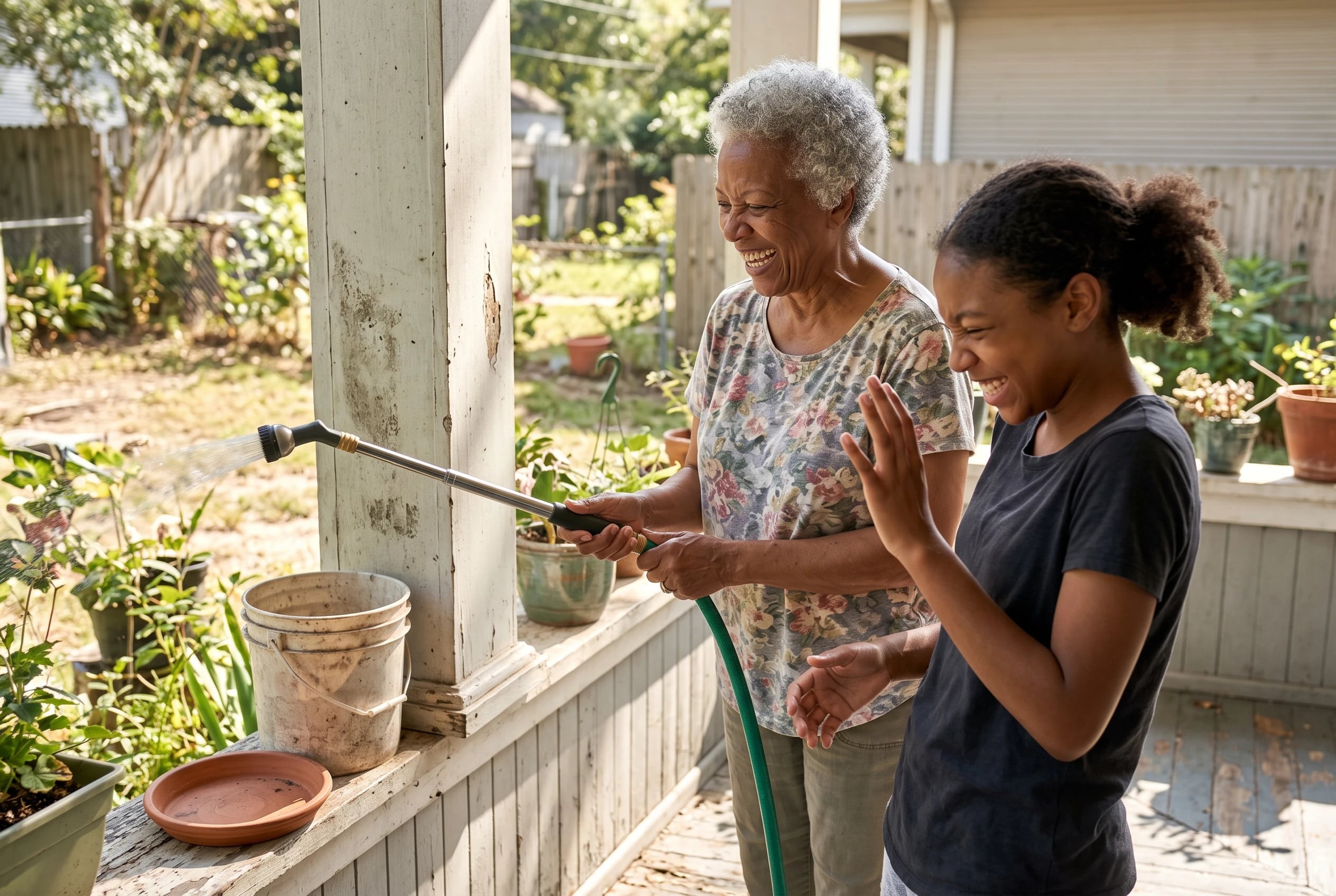 Older woman waters a distant porch pot with a telescoping wand.
