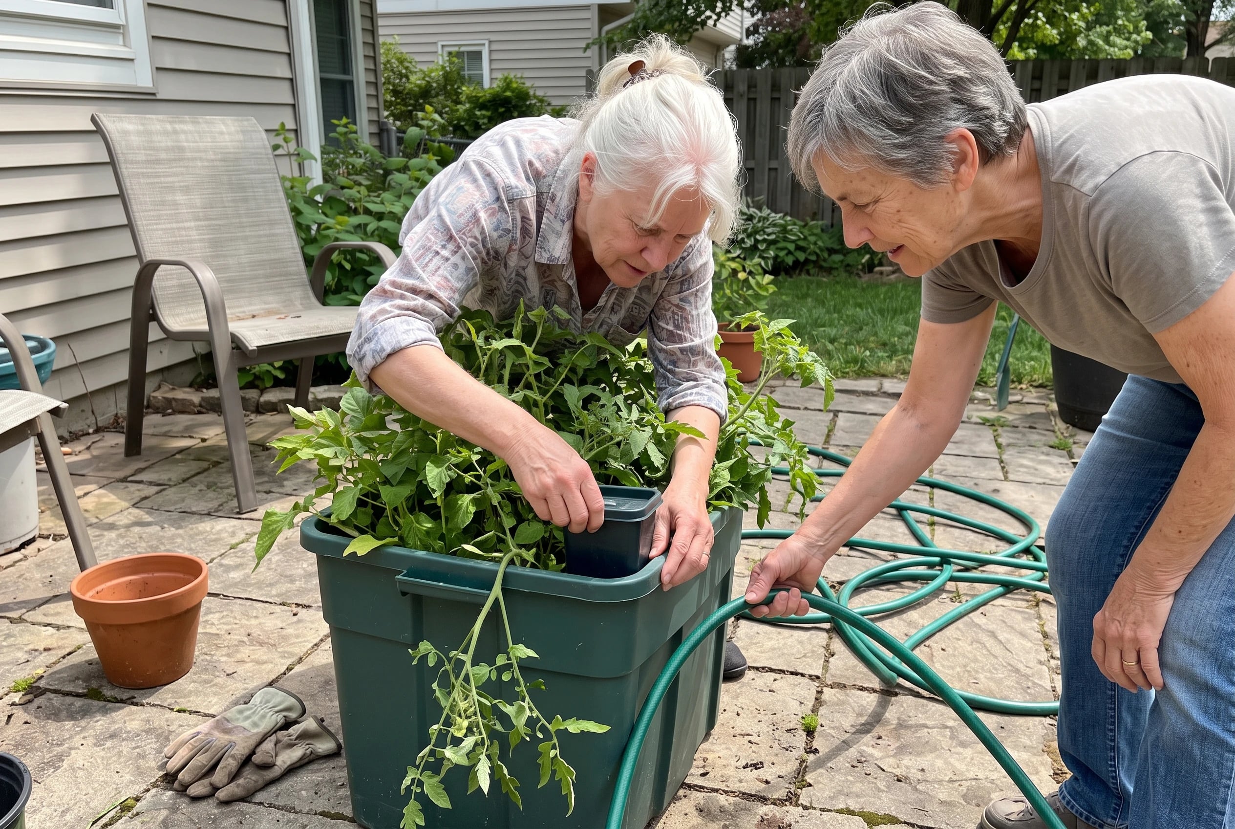 Older woman checks the water reservoir on a grow box on her patio.