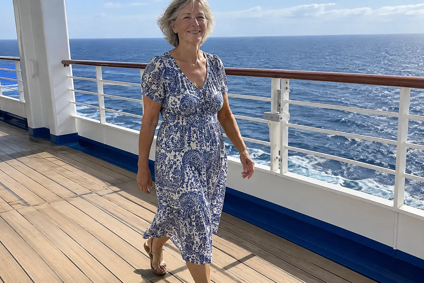 Older woman walking across a sunny ship deck in a midi sundress and sandals.