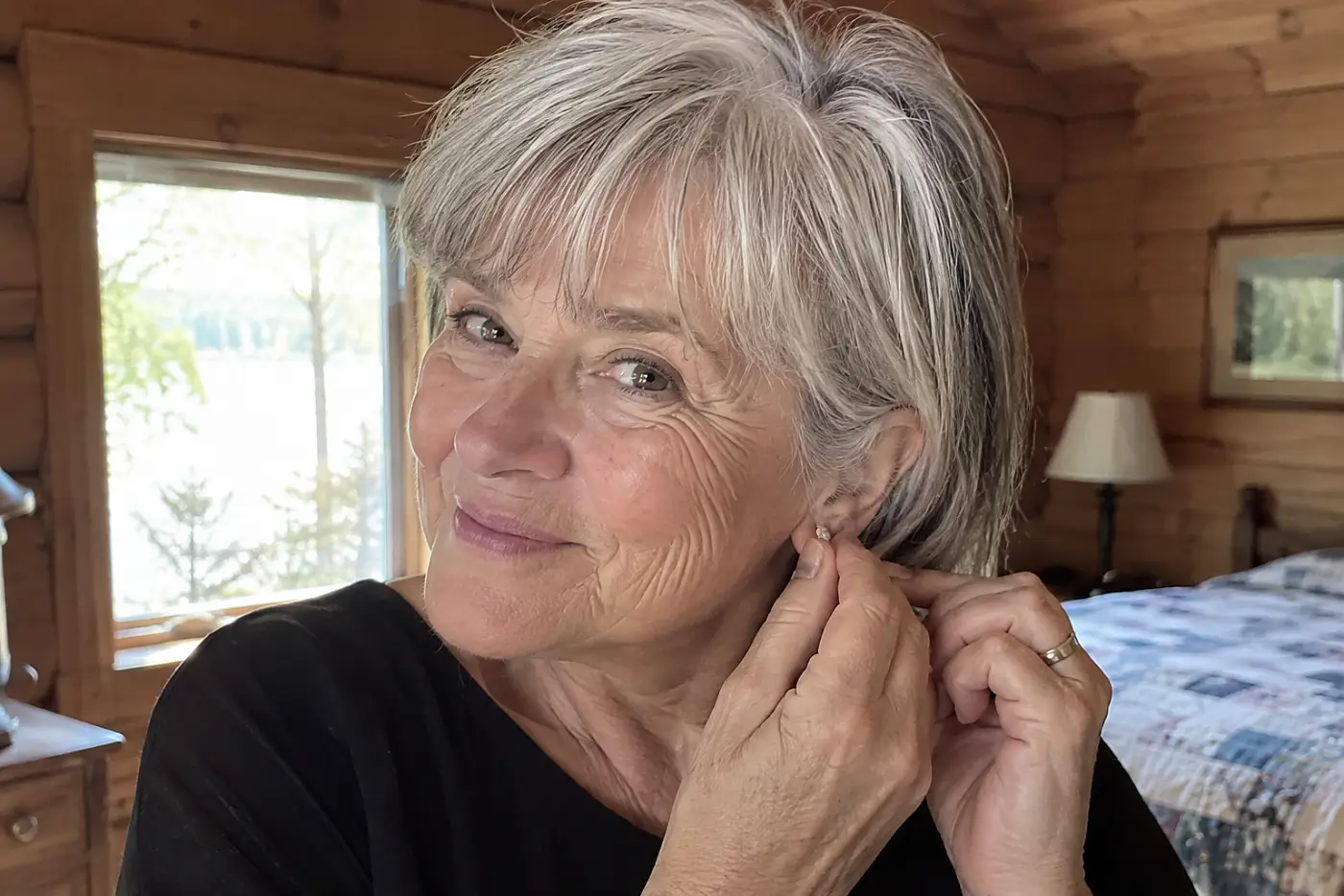 Older woman changing earrings while wearing a black dress in her cabin.