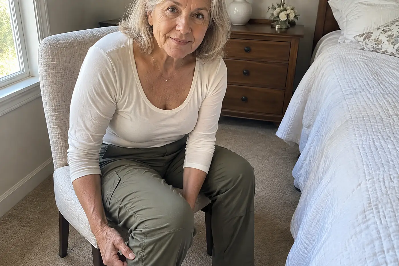 Older woman sitting in travel pants on a bedroom chair to check their fit.