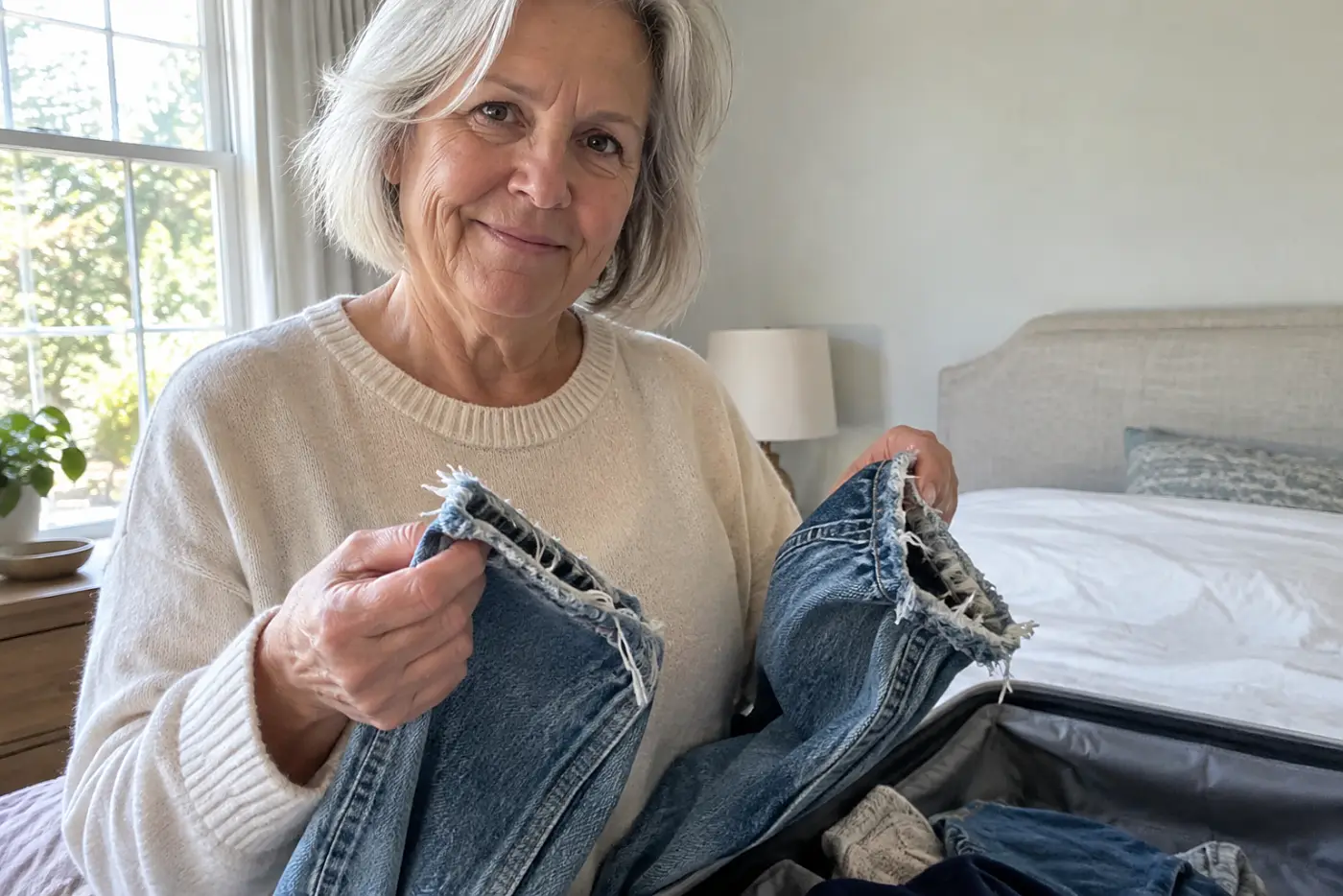 Older woman removing frayed jeans from an open suitcase on her bedroom bed.