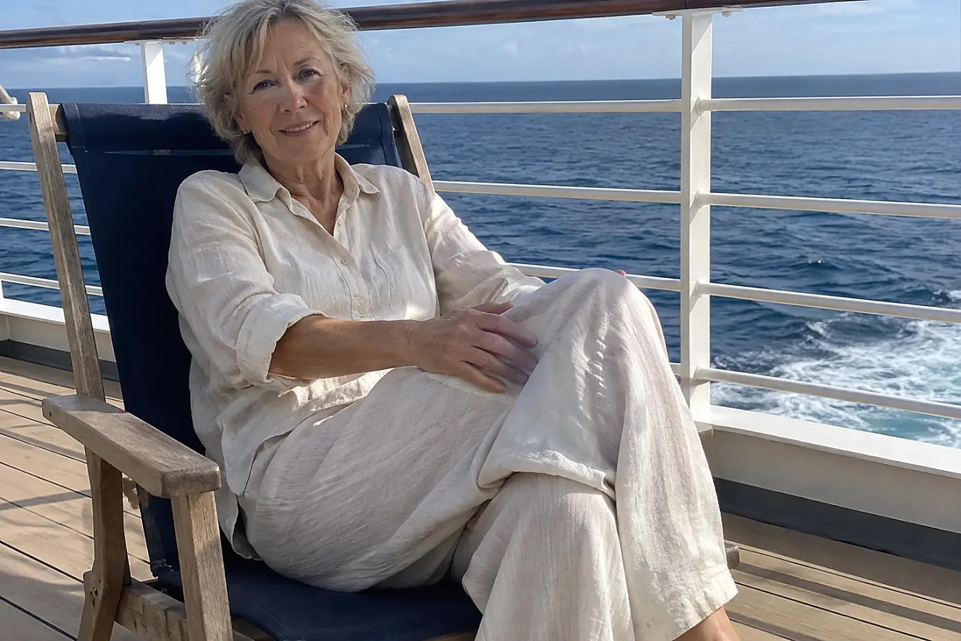 Older woman sitting in wide-leg linen pants on a ship’s deck chair.