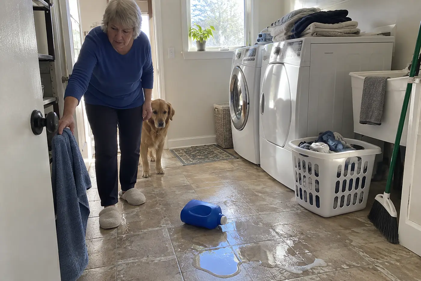 Older woman looking at a fallen detergent bottle from the laundry room doorway while her dog stands behind her.