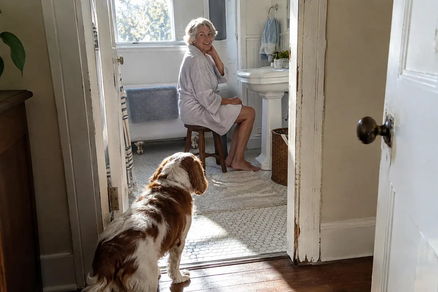 Older woman sitting on a bathroom stool while her dog waits outside the open door.