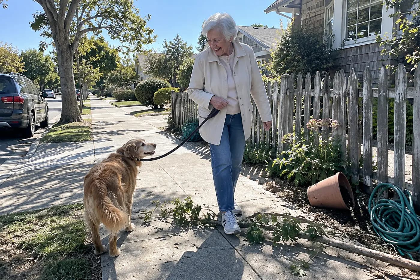 Older woman holding a leash on a neighborhood sidewalk while her dog turns to look back at her.