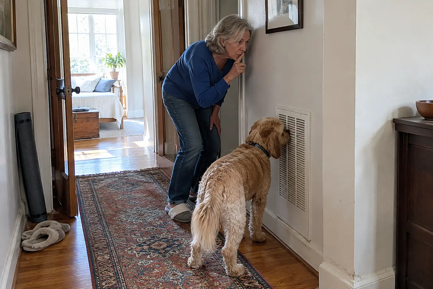 Older woman listening beside a hallway vent while her dog stands facing it.