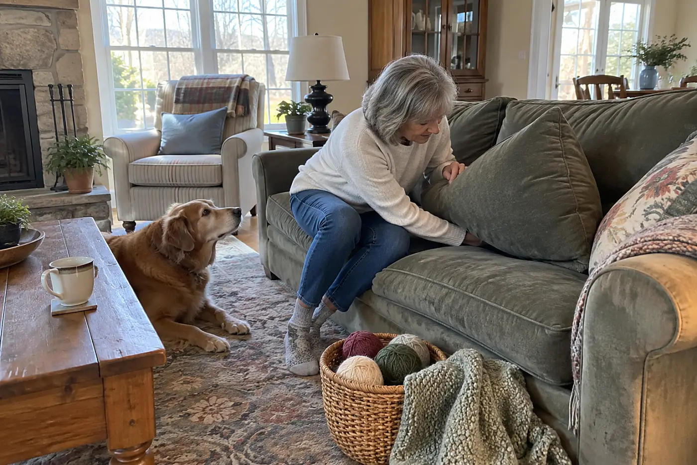 Older woman reaching between couch cushions for a ringing phone while her dog looks up.