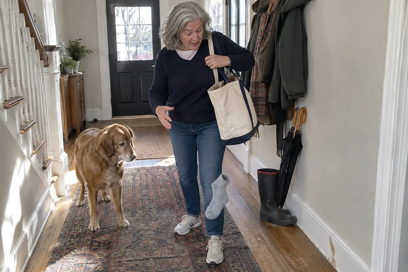 Older woman holding a canvas tote in her hallway while her dog watches from beside the coat rack.