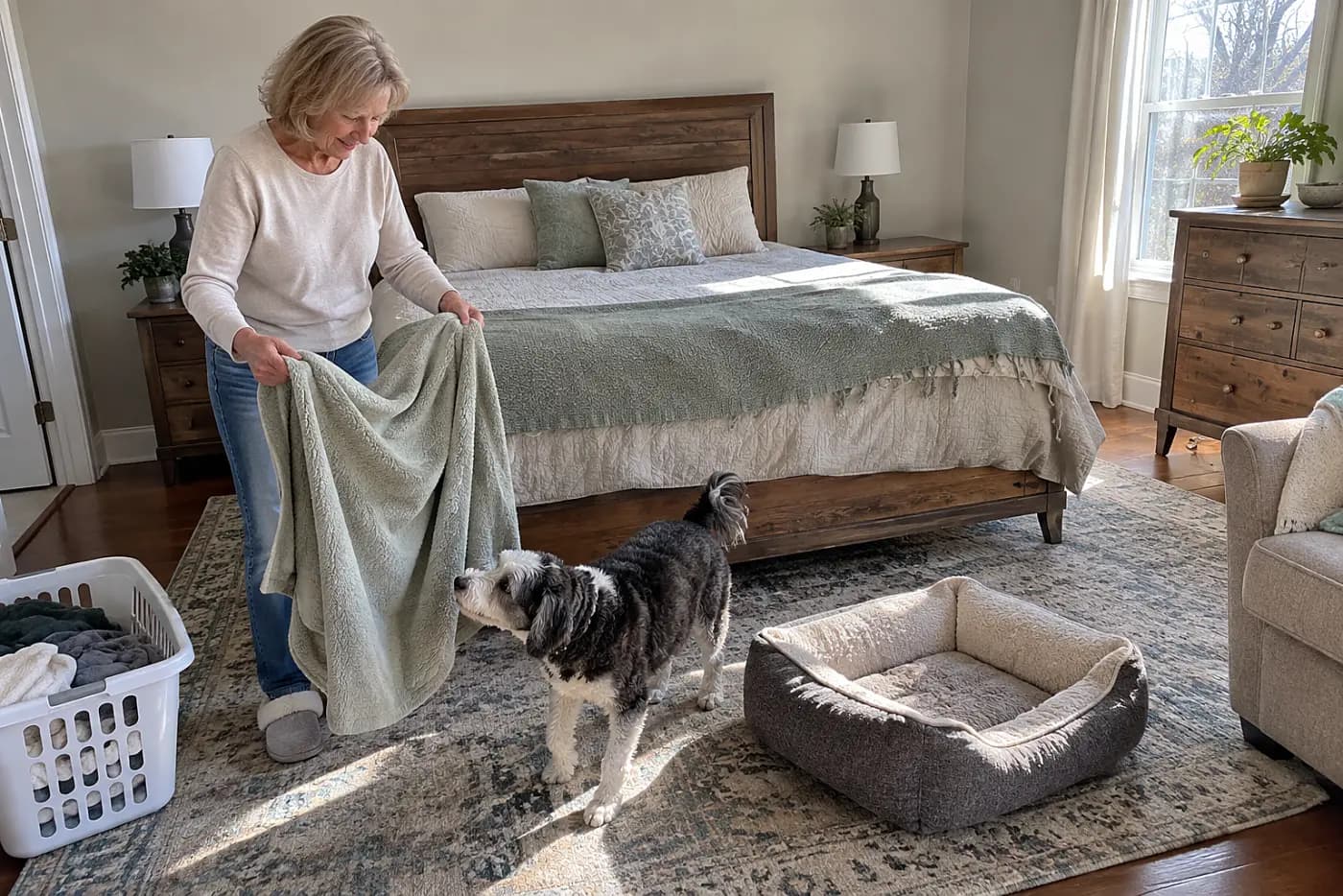 Older woman watching her dog settle on the bedroom floor beside an empty dog bed.