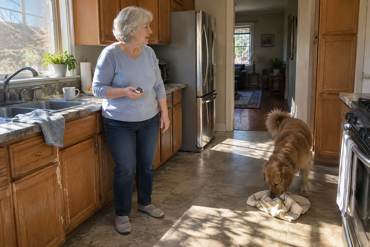 Older woman holding a glucose meter at a kitchen counter while her dog paces beside her.