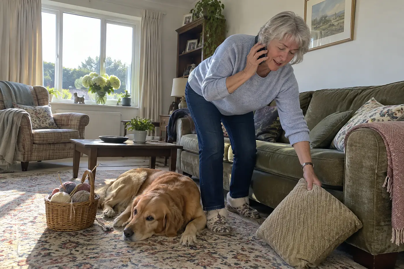 Older woman speaking into a phone in her living room while her dog rests beside her.