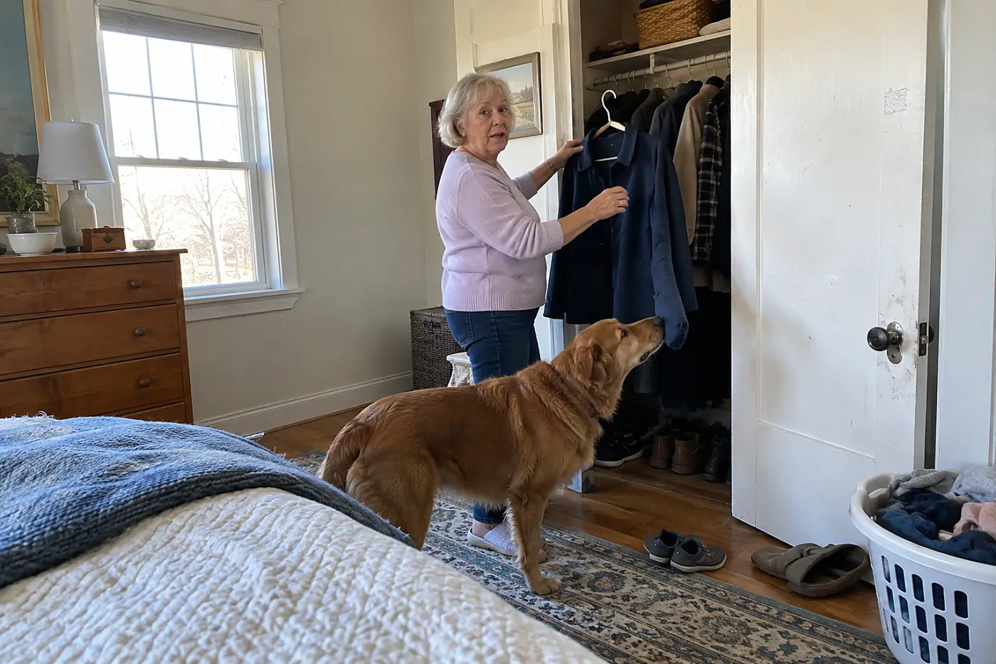 Older woman hanging a coat in a bedroom closet while her dog sniffs the sleeve.