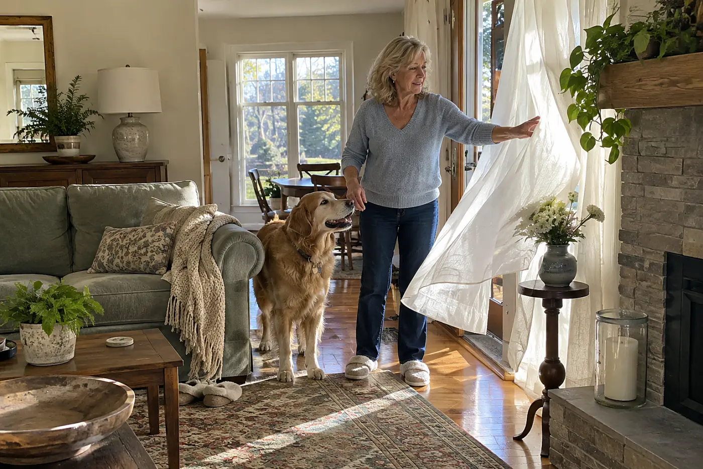 Older woman standing beside her dog at a lit living room doorway.