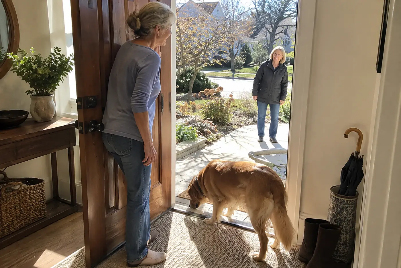 Older woman peering through her front doorway while her dog sniffs the threshold.
