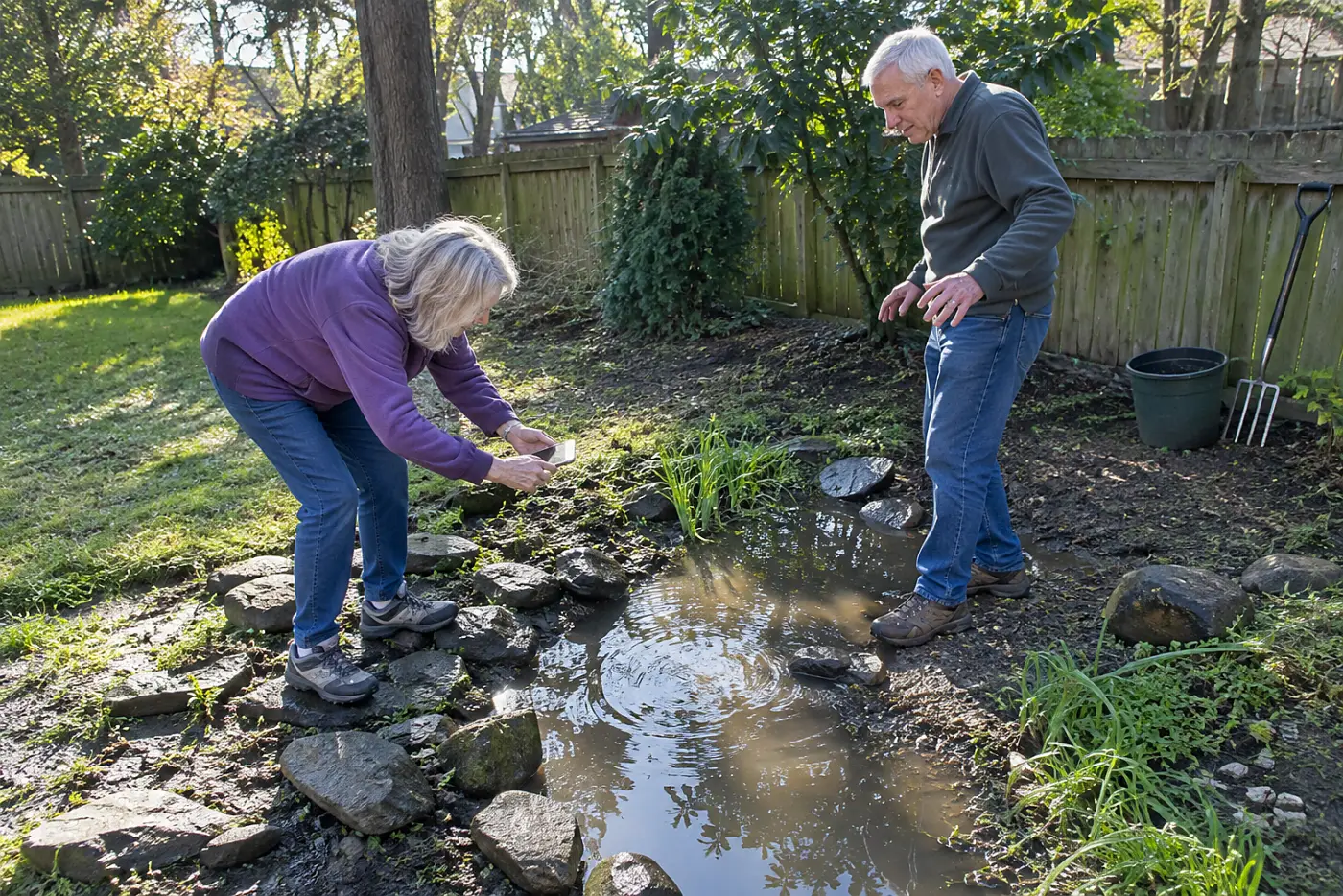 Older woman photographing stones around a backyard puddle the morning after rain.