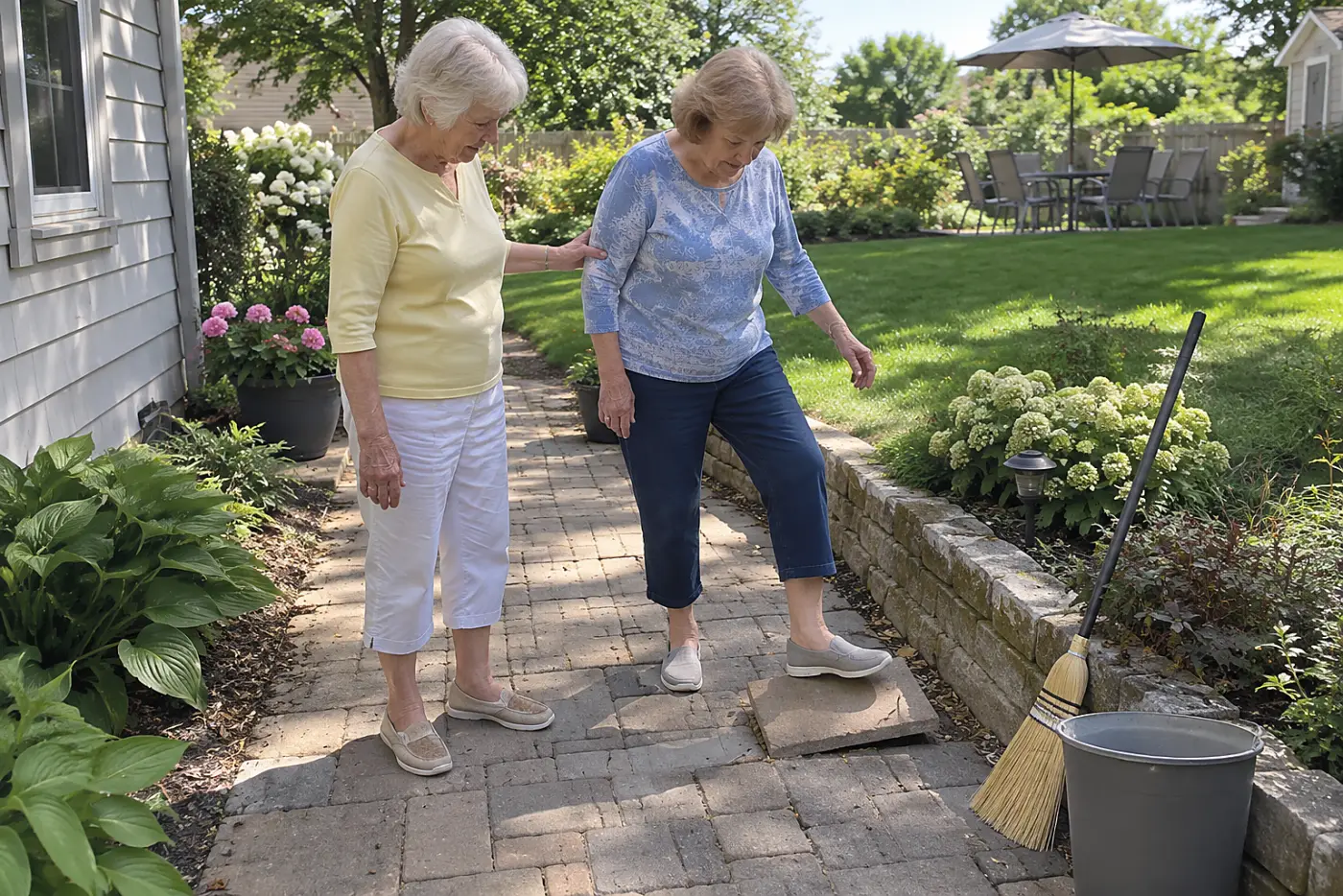 Older woman checking a loose paver on a backyard path.