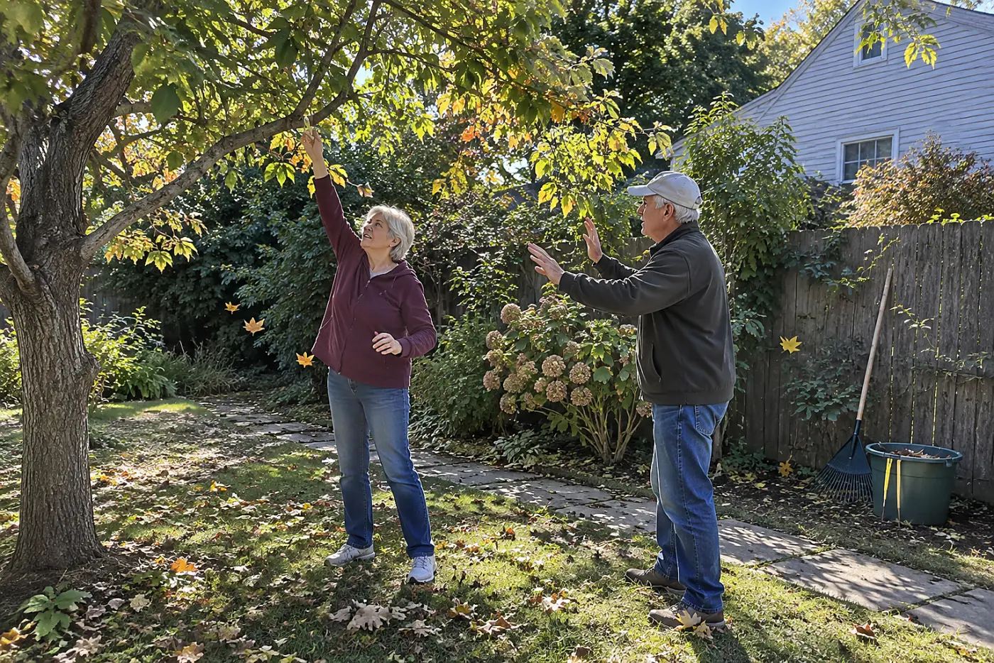 Older woman inspecting a broken tree branch from a garden path.