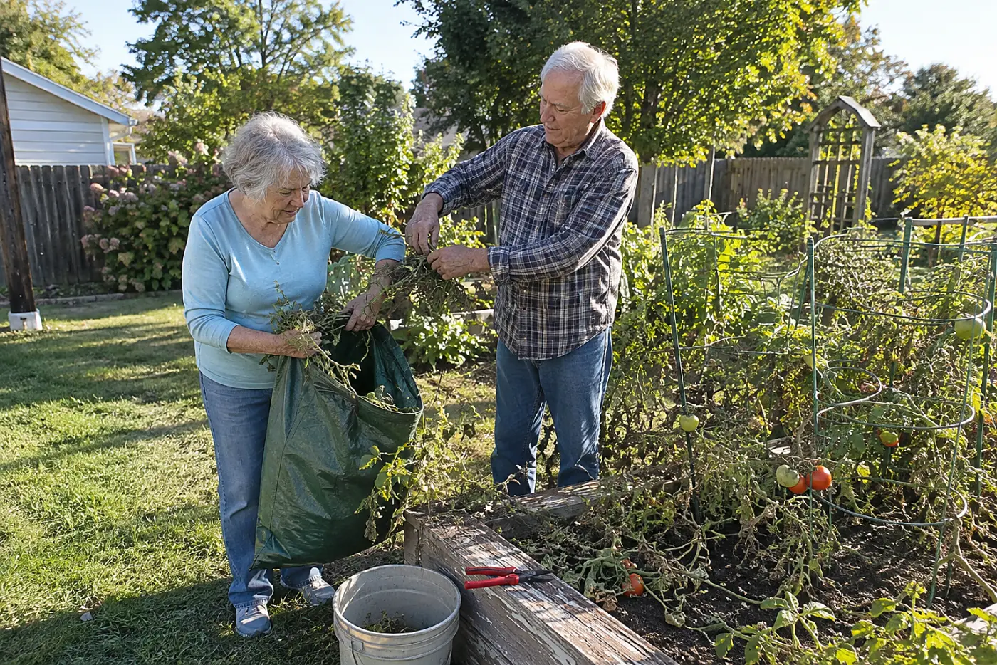 Older woman bagging diseased tomato vines beside a raised bed.