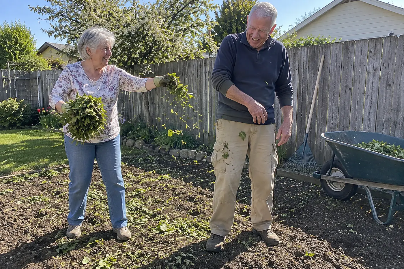 Older woman spreading chopped leaves across a bare garden bed.