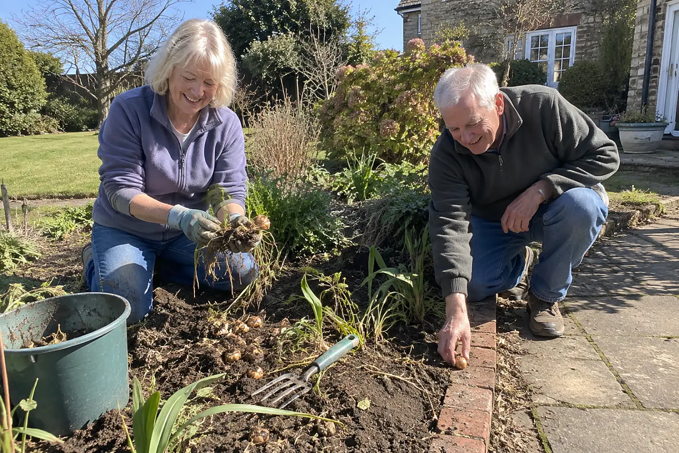 Older woman separating bulbs beside a garden bed.