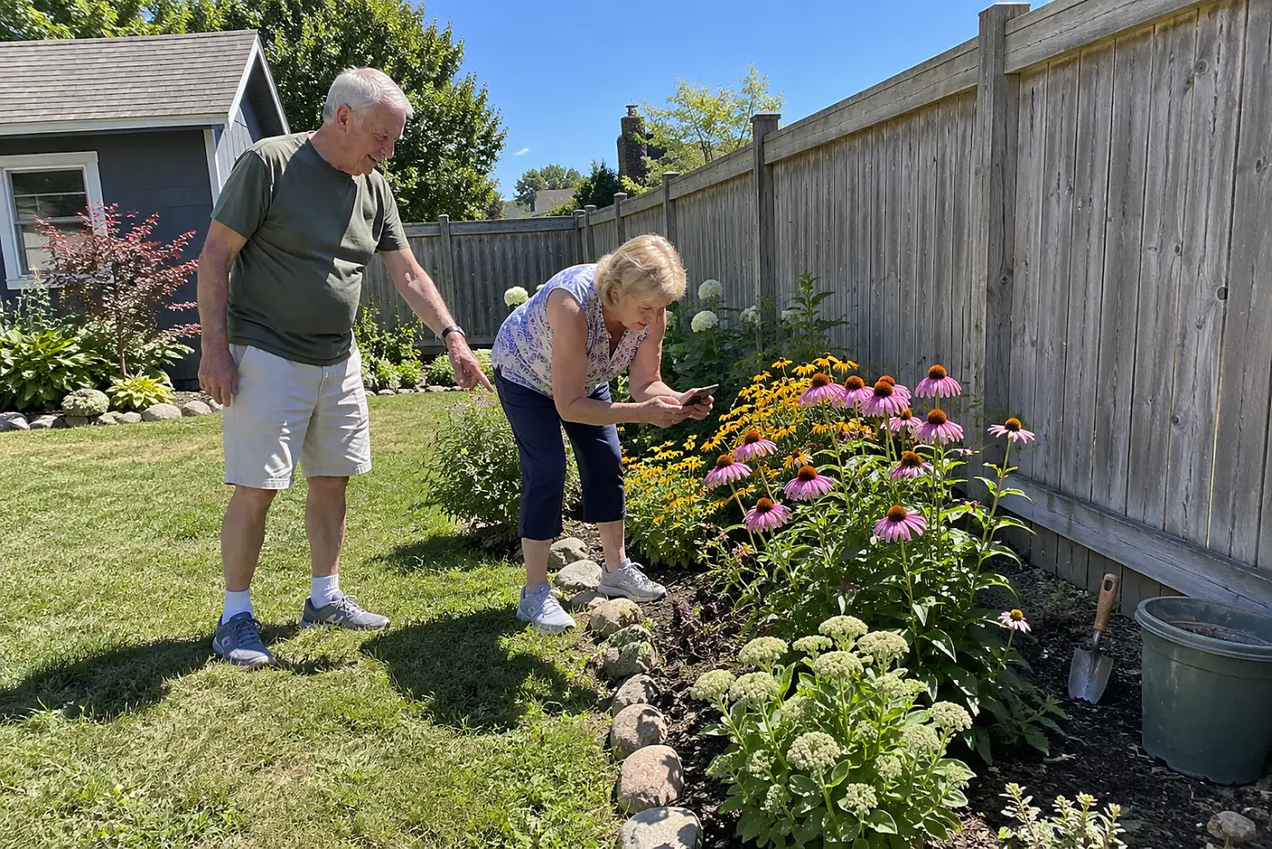 Older woman photographing a flower bed beside a fence.