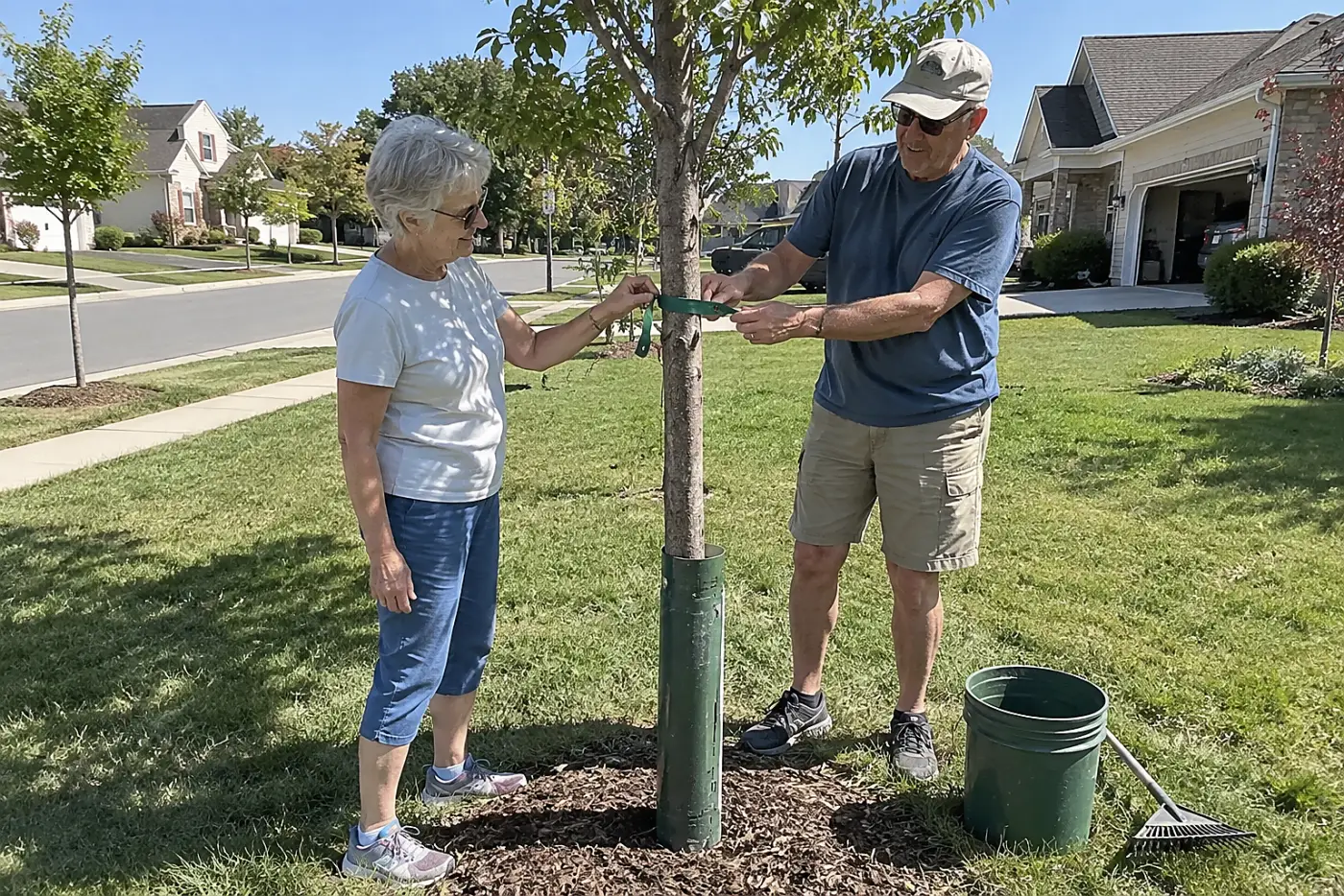 Older woman checking a tree tie in her front yard.