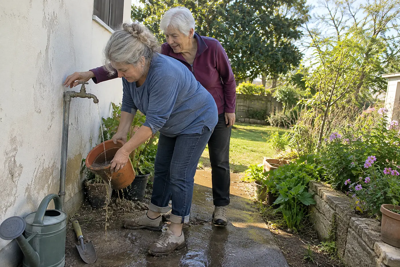 Older woman washing a clay pot beside an outdoor faucet.