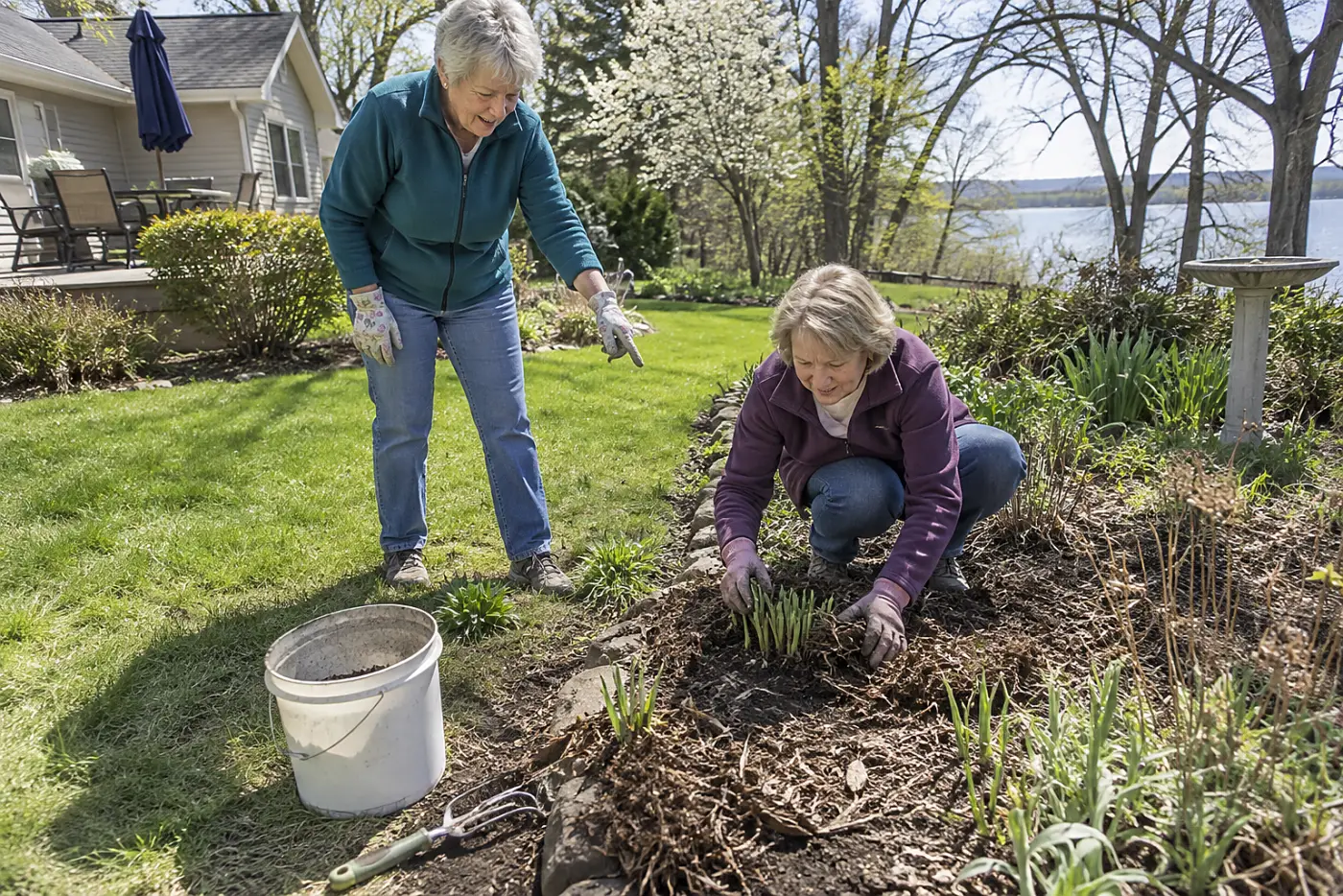 Older woman pulling mulch away from a perennial crown.