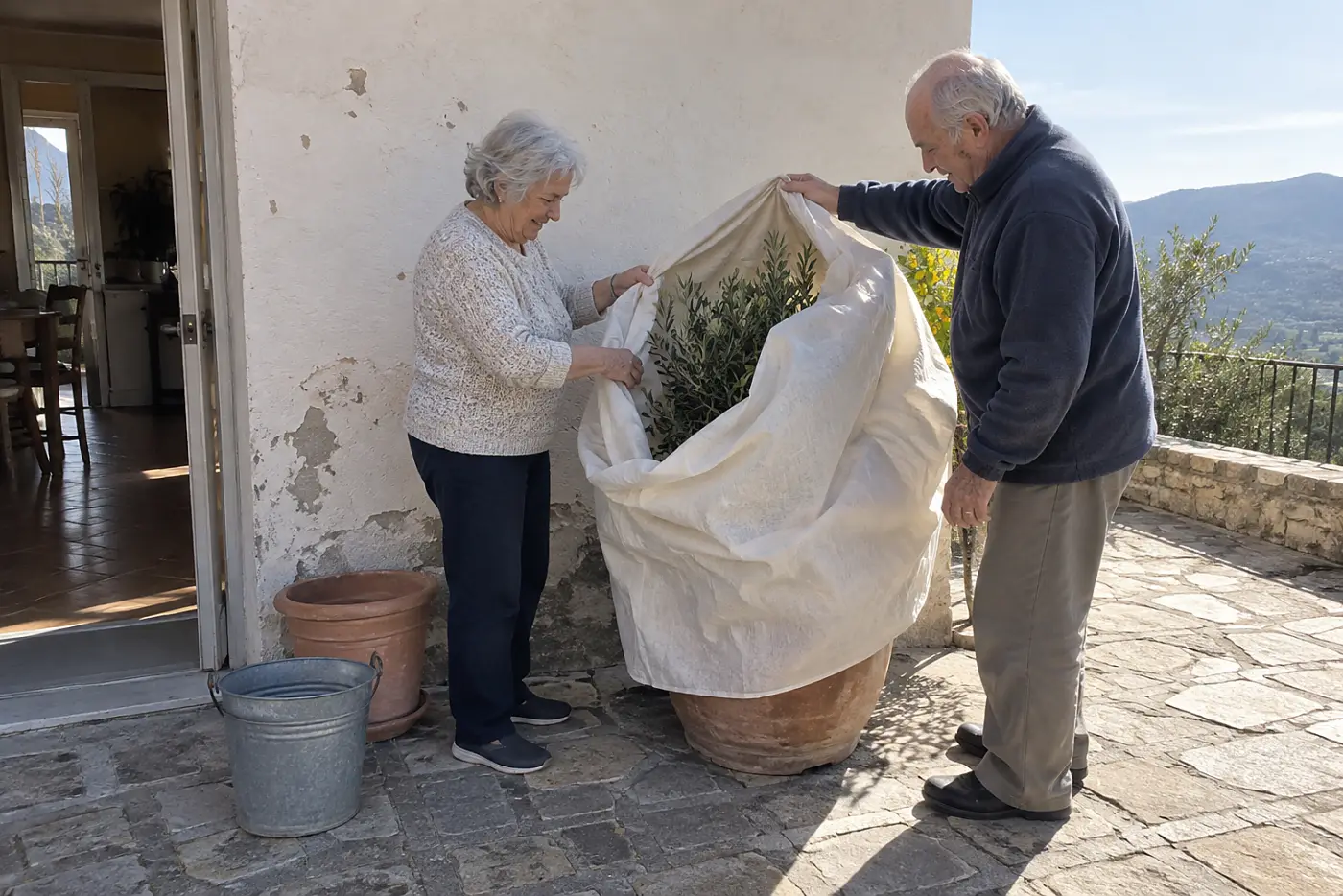 Older woman wrapping a potted plant beside a sheltered wall.