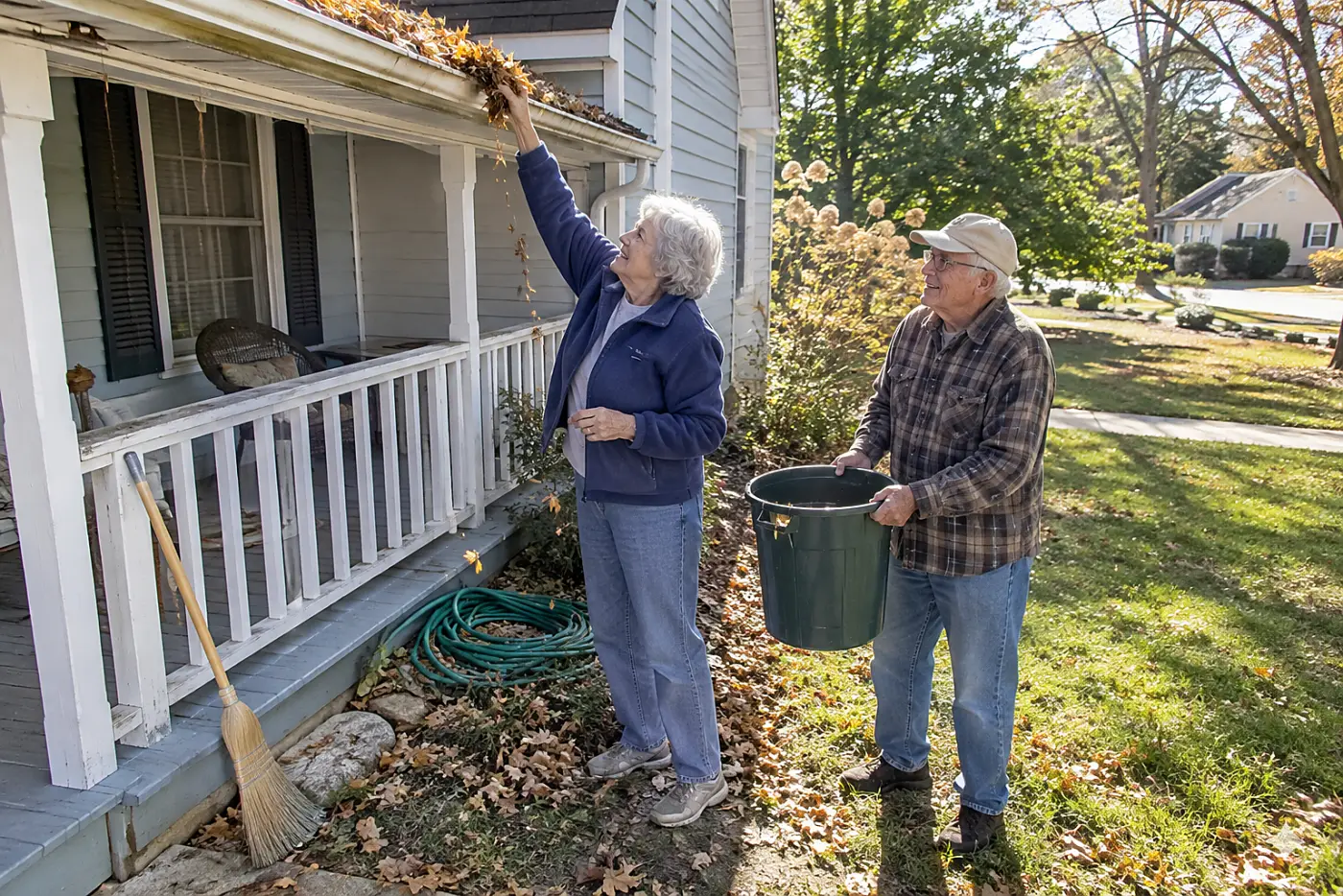 Older woman clearing leaves from a reachable gutter beside her porch.