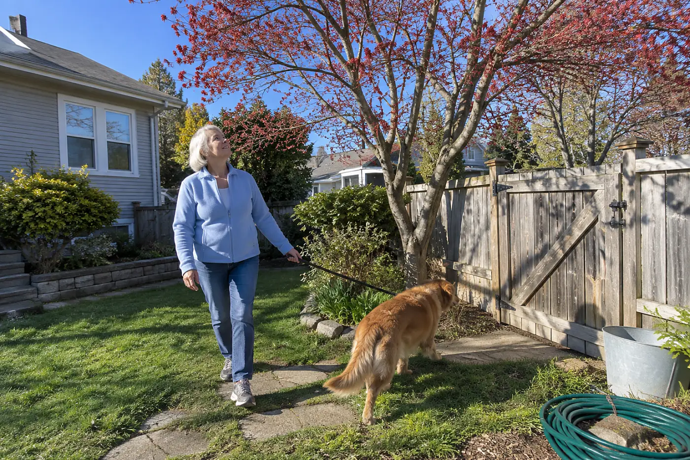 A woman in her sixties walks her golden retriever beneath a budding red maple tree.