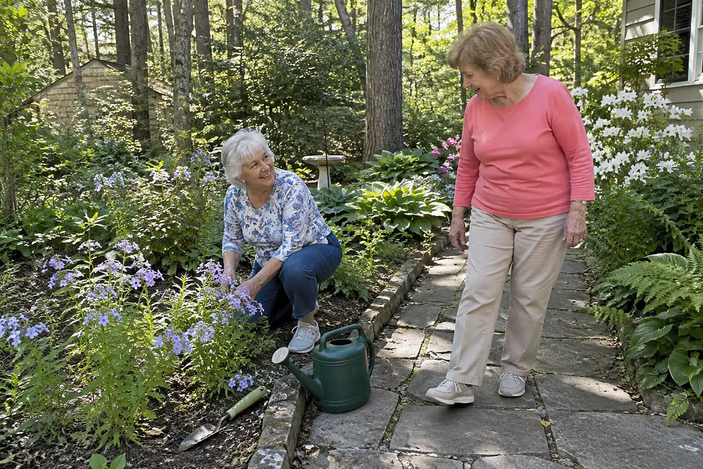 Two women garden together beside blue woodland phlox along a shaded stone path.