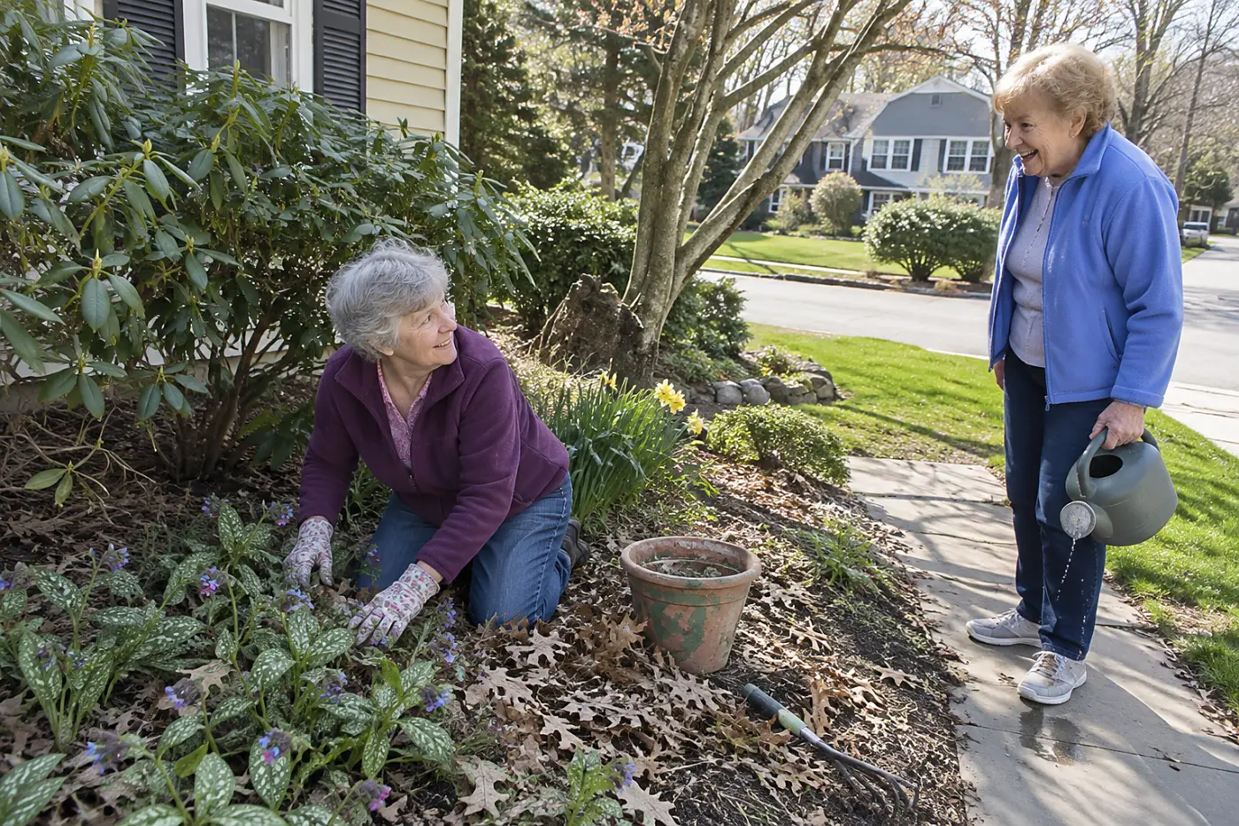 An older woman in a purple jacket kneels beside spotted lungwort plants beneath shrubs.