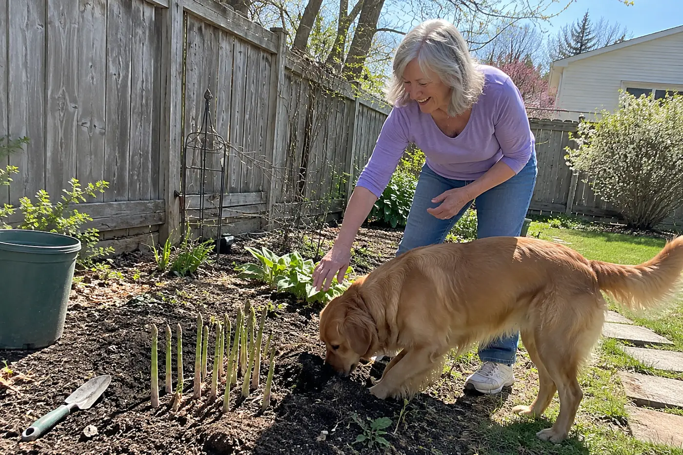 A woman in her sixties bends to inspect green asparagus spears in a garden bed.