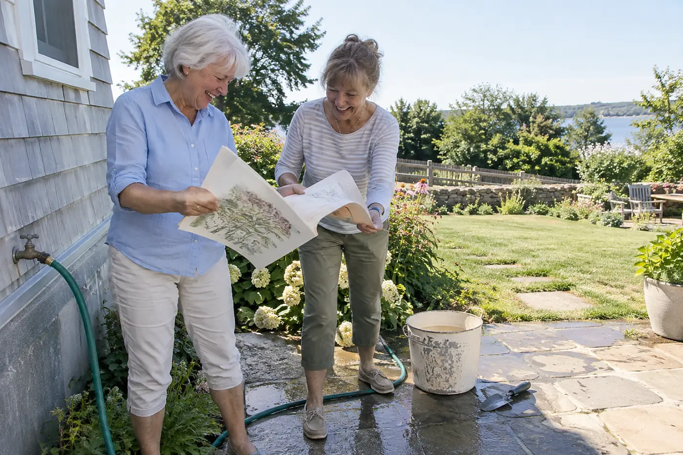 Older woman showing a one-page garden plan to a friend beside an outdoor faucet.