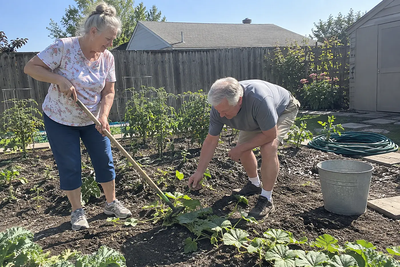 Older woman trying a long-handled cultivator in a small vegetable bed.