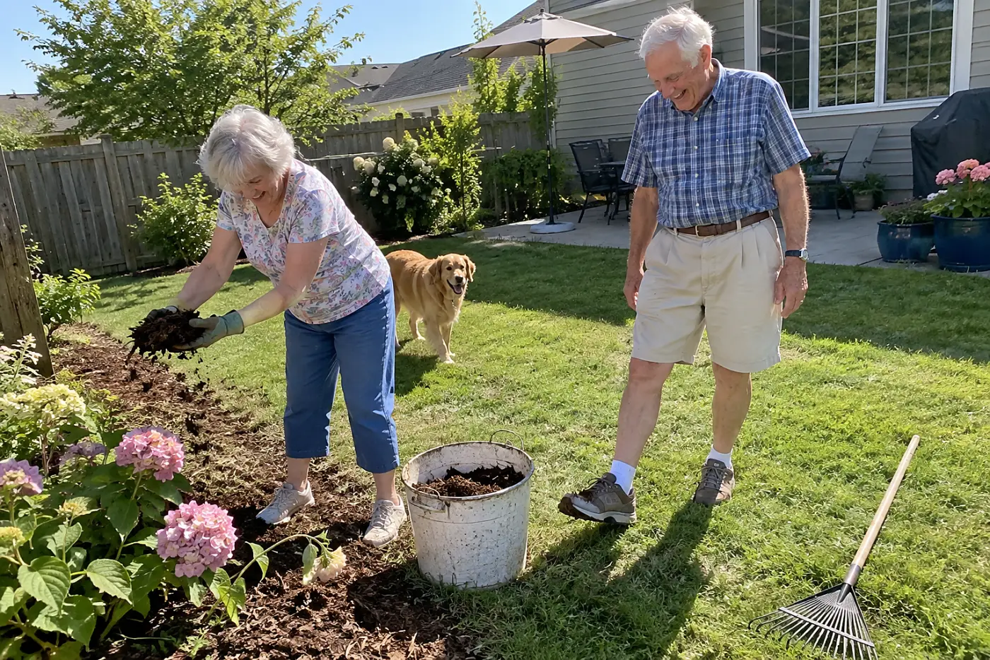 Older woman spreading mulch around flowers in a backyard bed.