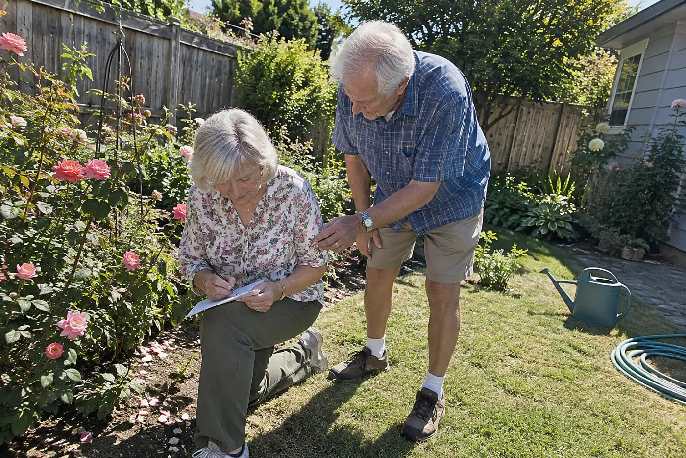 Older woman writing a short plant list beside roses in her garden.