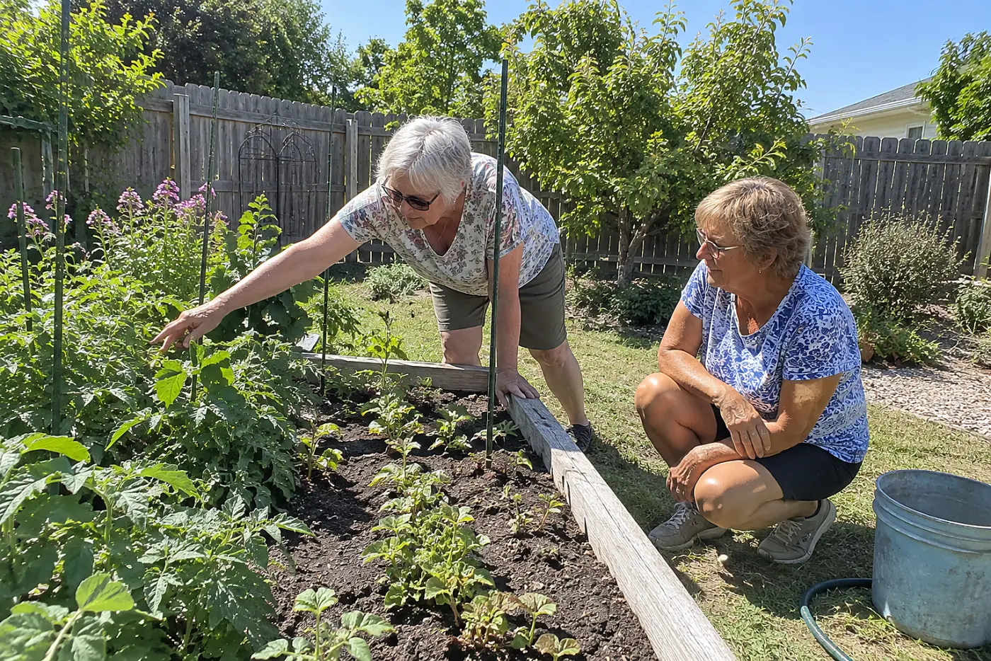 Older woman marking her reach across a garden bed from a side path.