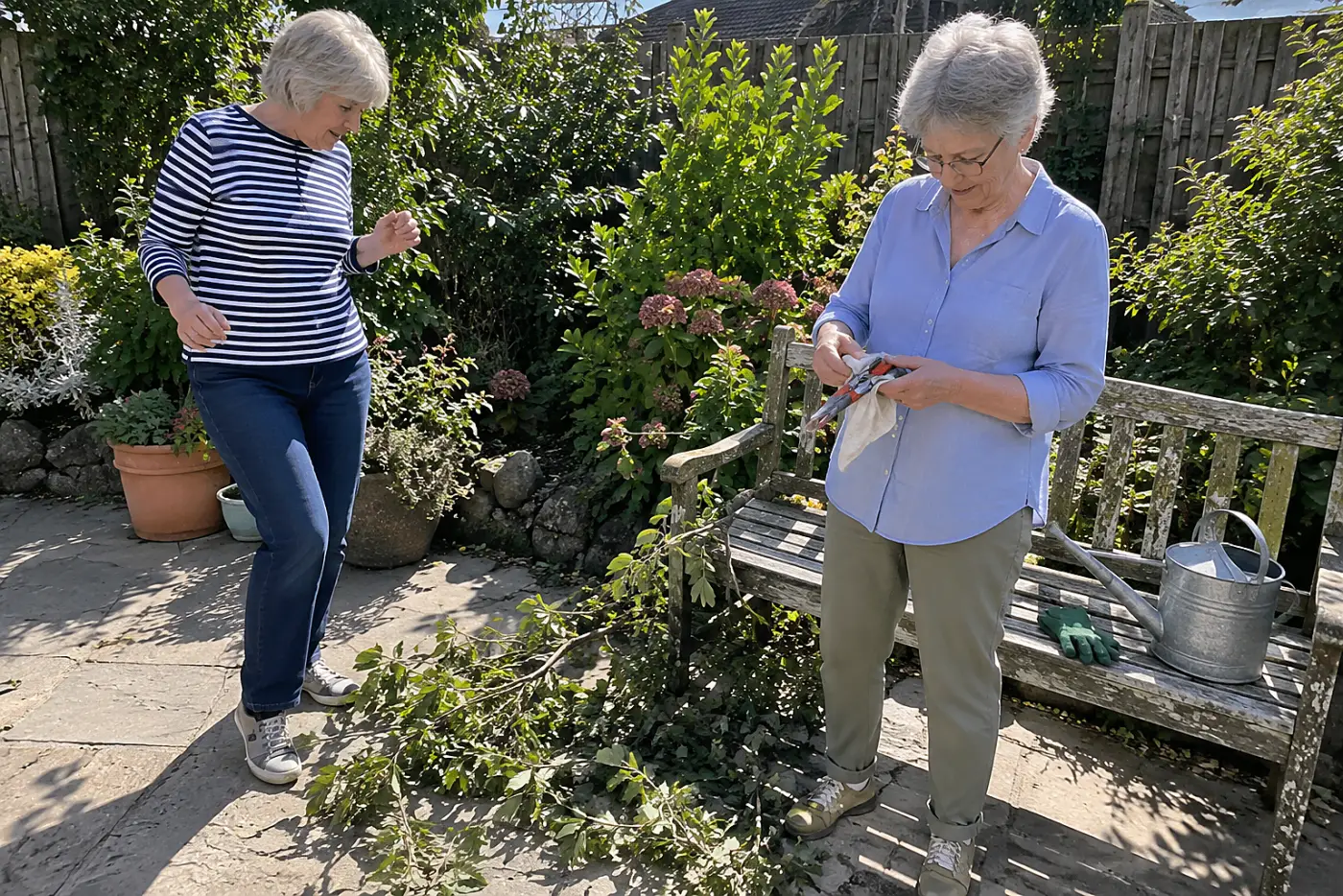 A woman in her seventies wipes bypass pruners with a cloth beside a wooden bench.