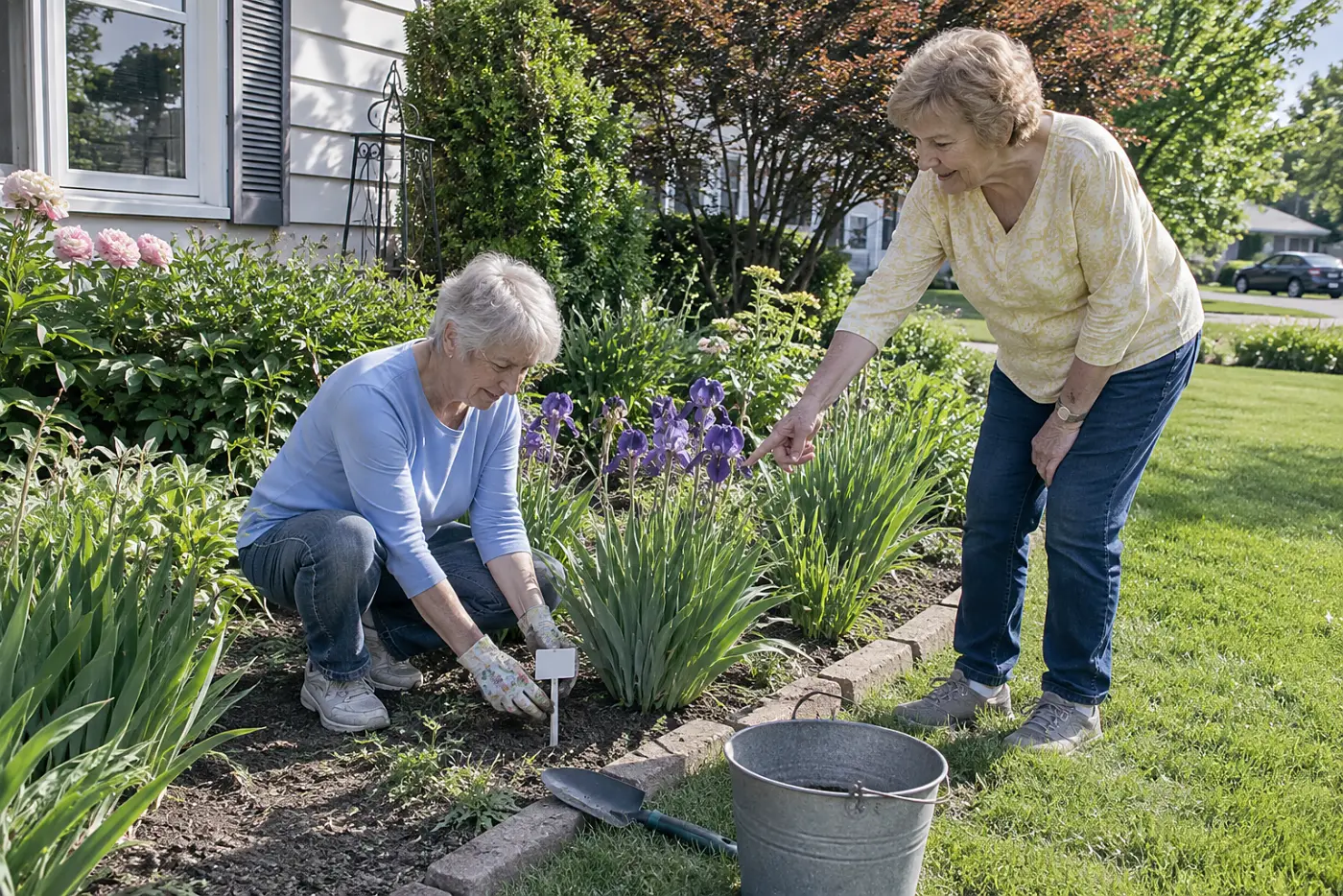 A woman in her seventies places a plant label beside purple irises.