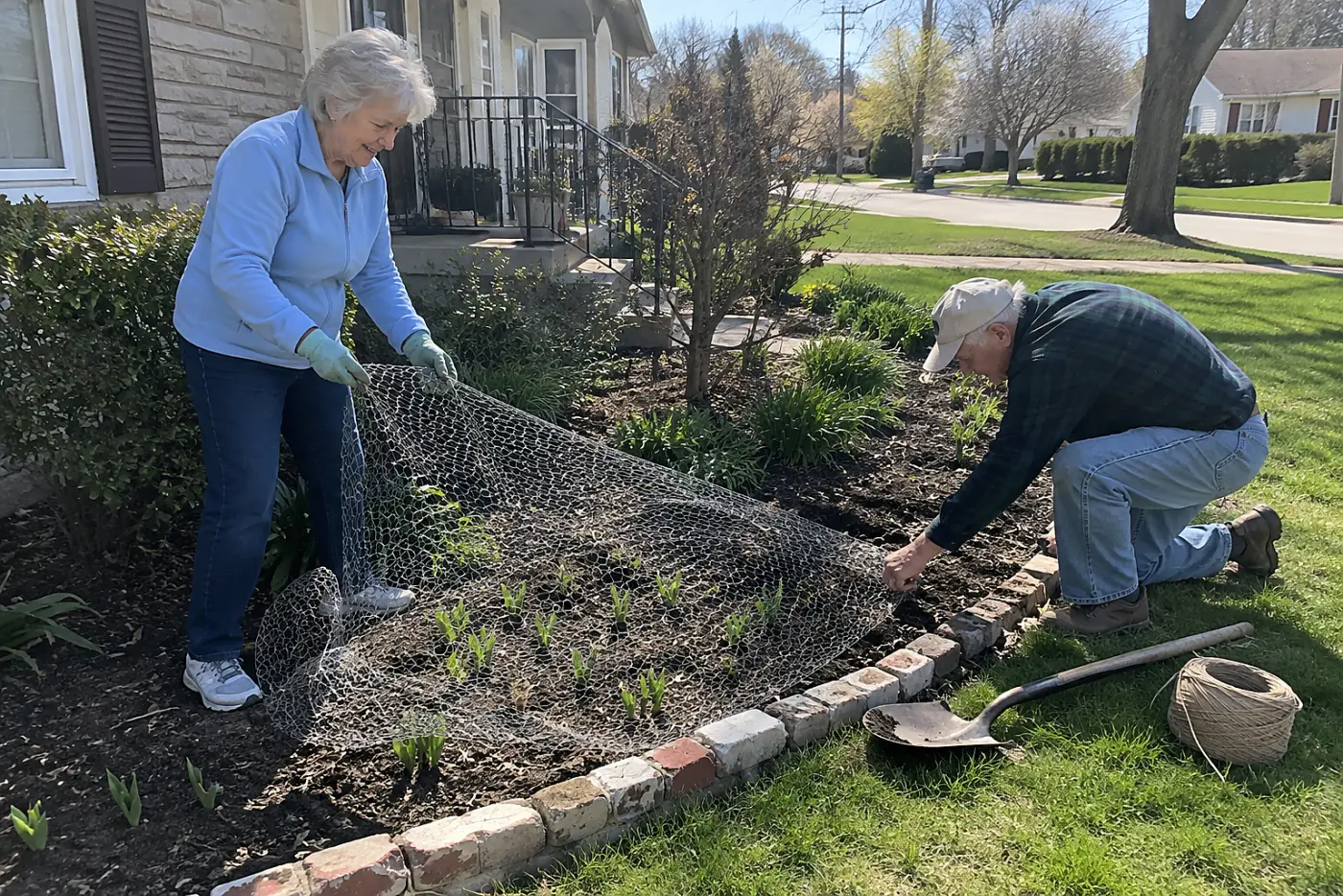 A man and woman in their seventies place wire mesh over young garden bulbs.